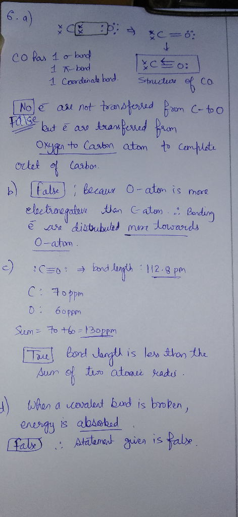 0.) C 3 C = 8: I co has 1 o bund 1 - bond 1 Coordinate bord. Structure of co. [Nolē are not transferred from C-too False but