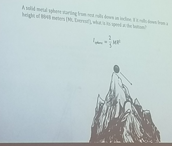 A solid metal sphere starting from rest rolls down an incline If it rolls down from a helght of 8848 meters (Mt.Everest!), wh