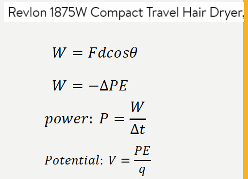 Revlon 1875W Compact Travel Hair Dryer. W = Fdcoso W = -APE W power: P == At PE Potential: V =-