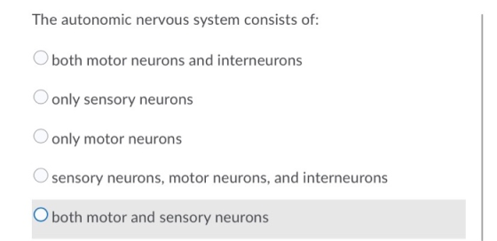 The autonomic nervous system consists of: both motor neurons and interneurons only sensory neurons O only motor neurons O sen