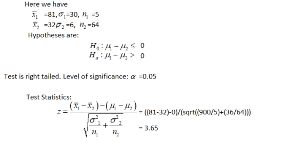 Here we have x =81,01=30, n =5 2 =32p 2 =6, n2 =64 Hypotheses are: H:11-12 SO He:11-12 > 0 Test is right tailed. Level of sig