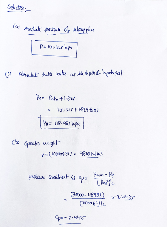 solution (a Absolute pressure of Almopphie P2 11-325kpa (co Absolute smitte water at the depths of hydrofoil Poz Patm +1.8yr