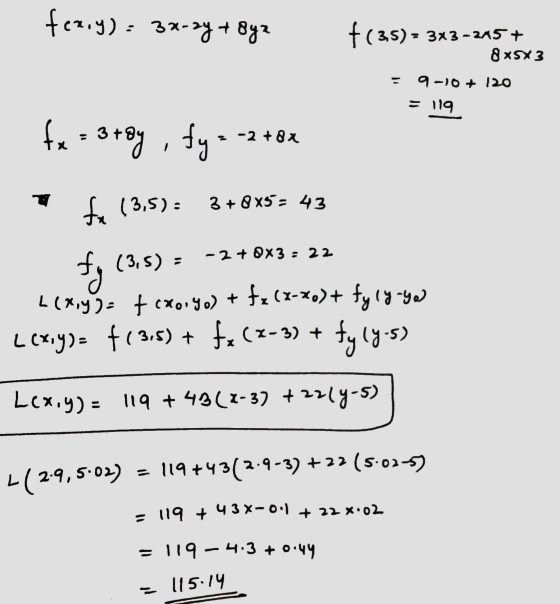 feary)= 3x-2y + 8yz | (3,5) = 3x3-2457 = 8x5x3 9-10 + 120 = 119 10 fx = 3 + 8y, fy = -2 tox o fa (3,5) = 3 +885 = 43 fy (3,5)