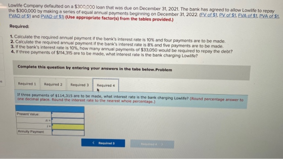Lowlife Company defaulted on a $300,000 loan that was due on December 31, 2021. The bank has agreed to allow Lowlife to repay