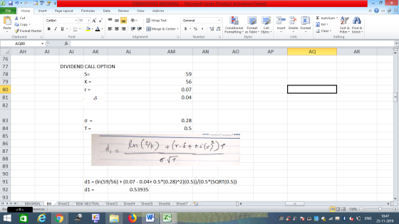 DERIVATIVES BINOMIAL - Microsoft Excel (Product Activation Failed) View Add-Ins File Home Insert Page Layout Formulas Data Re