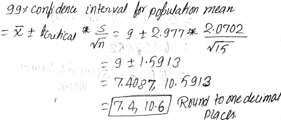 * s 99% confidence interval for population mean =ł z bcritical 9 + 2.977* 2.0702 vñ 715 foto = 9 1,5913 = 7.4087 10.5913 -17.
