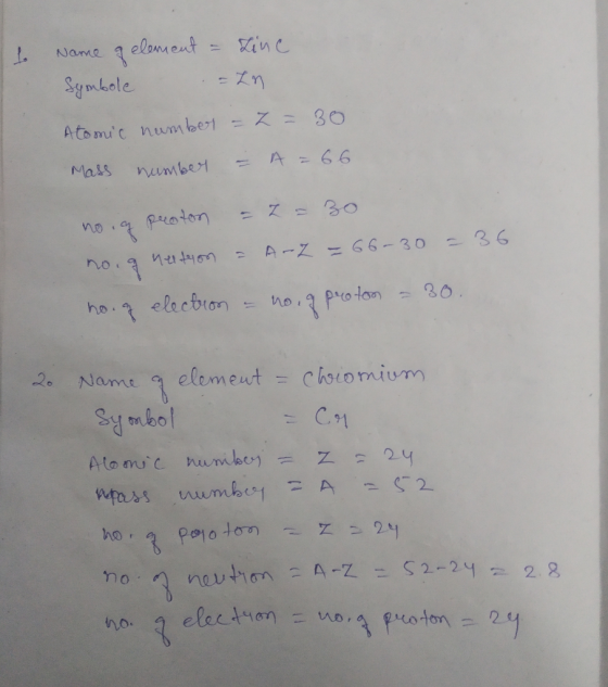 elonent Winc Name Symbole - Zn Atomuc num laet = 30 A = 66 Mass number Rrcoton -36 A-Z =66-30 1-7 no 30. ho. elecbion 20 ele