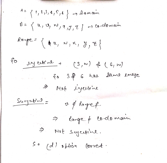 A- 4, isol Domain P 1,2,3,4 a, u, w, x,y,z a co-domain Range = { $u, w,a, Y, Z so lny celine (3,w) & (6) so 38 6 has iyerine