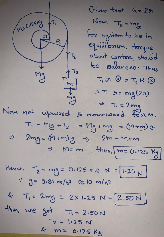 Given that R=2r AT Now, Tz = mg M=0.125kg R To T2 for systemt to be in equilibrium torque about centre should be balanced. Th