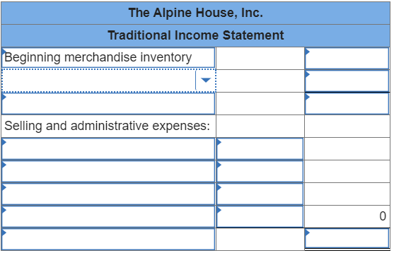 The Alpine House, Inc. Traditional Income Statement Beginning merchandise inventory Selling and administrative expenses: 0