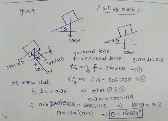given, FiBD of Block - 200N N = normal borce 2000 roso fe trictional force given, u=0.3. 2000 & f = 200 sino -> we know that,