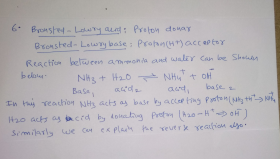 6. Bronsted- Lowry alid: Proton donar Bronsted-Lowry base: Proton (H+) acceptor Reaction between ammonia and water can be sho