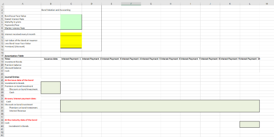 Bond Valution and Accounting 4 Bond Issue Face Value 5 Stated interest Rate Es Maturity in years 7 Payments/Year Market Inter