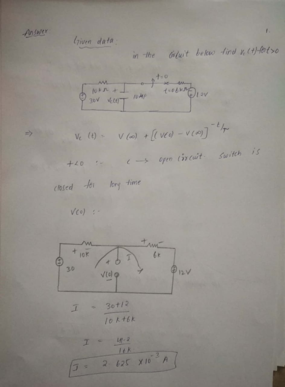 Ansuer iven data : O c-s open tịtuit. Switch ,S 40 losed o lory time lok 6 k 30 vta V(c)