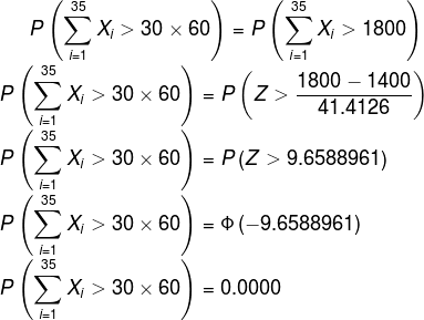 35 35 Ρ(ΣΧ > 30 x 60) = P(ΣΧ > 1800) =1 =1 35 ΡΙΣX > 30 x 60 - ΡΙΖ 1800 – 1400 41.4126 =1 35 Ρ (ΣΧ. > 30 x 60 X > 30 x 60 ) =