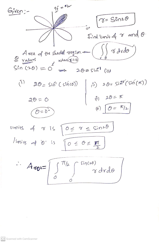 Giren in = 21 98 = r=Sinzo Find limit of & and o Sododo of o 011 Area of the shaded regim.. when 8=0 Sin (20) =0 20=sin Coo