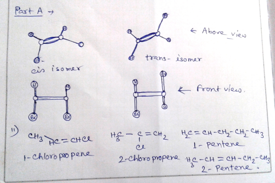 Part A - Above view trans- esomer. isomer k front view, CH3 De=chce -Chloro propene te - G=CH₂ He=CH-CH₂ - CH₂ - CH3 - penten