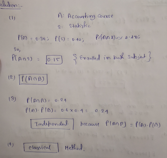 lubon:- A: Accourhing Course S: Stahyhie P(M 0.30 P () 0-40 PAAA 8)BA S Enalled in bok subjet PCANS) O IS 12)(AnB) 19) P(ANB)