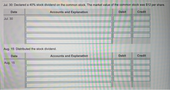 Jul. 30: Declared a 40% stock dividend on the common stock. The market value of the common stock was $12 per share. Date Acco