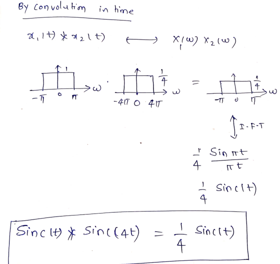 By convolution in time 2,1t) *dalt) 1 X/W) X2 (W) 4 w w - ñ s -411 O 417 -T II.FT Sint 4 int -17 Sinclt) 1 Sinc It) * Sini