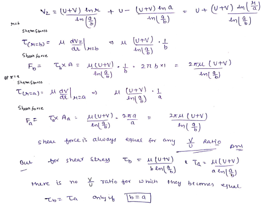 Nz = (U+V) enx + U - (U+v) en a V+ (U+V) in en 19 in un (9) r=b b Shear stress Trab) = u dvz u (U+V). I en 19) de luzb b Shea