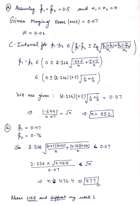 fa and n,=0₂=n Assuming p = P2 = 0.5 Ginen Marging Essor (MOI) = 0.07 x = 0.02 C. Interval for p, por e (for Pr I 24 / 3 (1 +