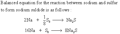 Balanced equation for the reaction between sodium and sulfur to form sodium suldi de is as follows: 2Na +$ → Na, S 16Na + S +