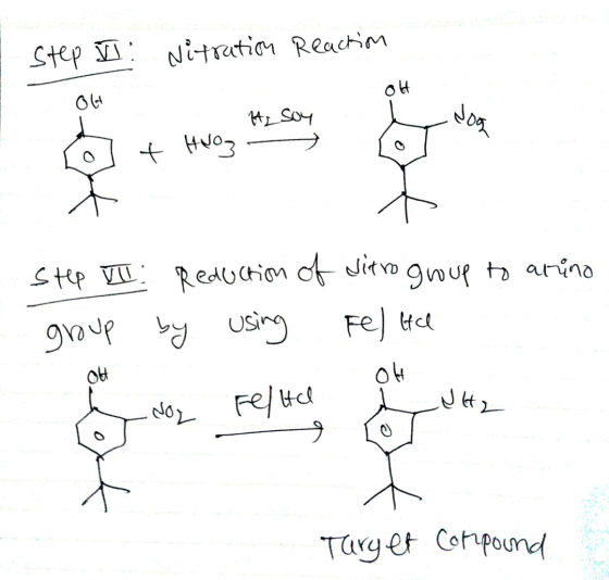 Step II Nitration Reaction ot OH HL Soy dog + HNO3 Step Vui Reduction of vitro group to anino group by using Fel He OH OH ملح