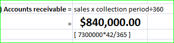 Accounts receivable = sales x collection period=360 $840,000.00 [ 7300000*42/365)