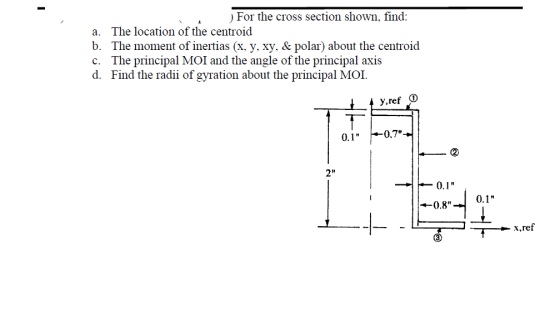 E For the cross section shown, find: a. The location of the centroid b. The moment of inertias (x, y, xy, & polar) about the