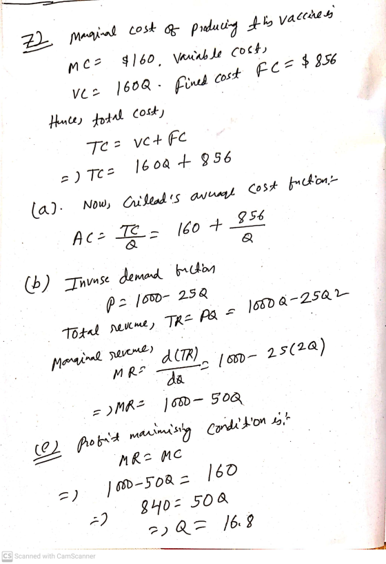 Z2 MCS Marginal cost of producing at his vaccine is $160 Variable cost, 160Q · Hunce, total cost, fined cost FC = $856 VLC TC