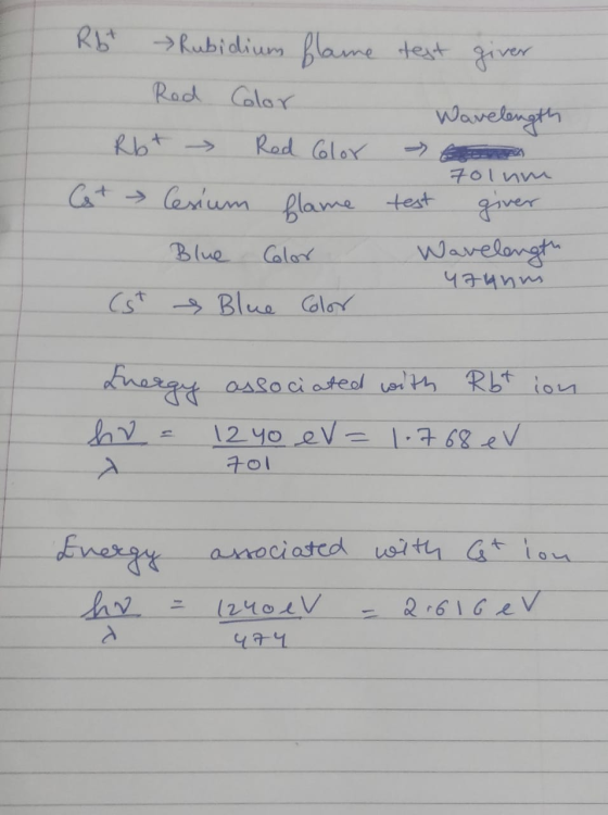 test giver Wavelength Rbt → Rubidium flame Red Color - Rb + → Red Color Got > Cesium flame Blue Color (st s Blue Color 701 nm