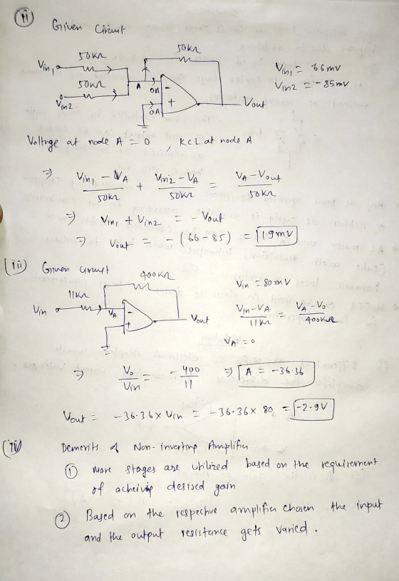 Given Circuit sokn sokn m> son Vini - tomu Vinz -- 85 my 4 бA 0 + Vina -Vout ОА Voltage at node A = 0 KCL at node A Vin - WA
