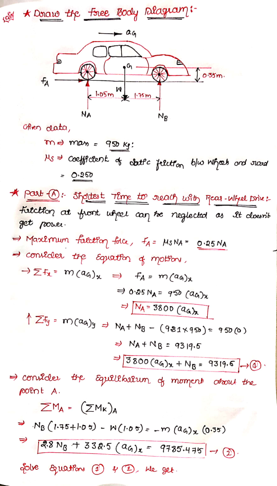 com * Donaw the Free Body Diagram: ag G To 0:35 m. FA w 1.05m 1.75 m NA Ng Given data, moman 950 kg: Ms coeffichent of obuttc