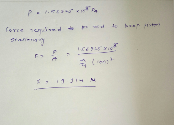 P = 1.56325 × 05 Po required to force on rod to keep piston stationary = P = 1.56325x103 A aq (100)? F = 19.914 N
