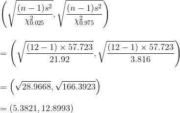 (n-1) s2 27.025 )(n-1) s2 V X6.975 (12-1) x 57.723 21.921 /(12 - 1) x 57.723 3.816 = (v28.9668, V166.3923) = (5.3821, 12.8993