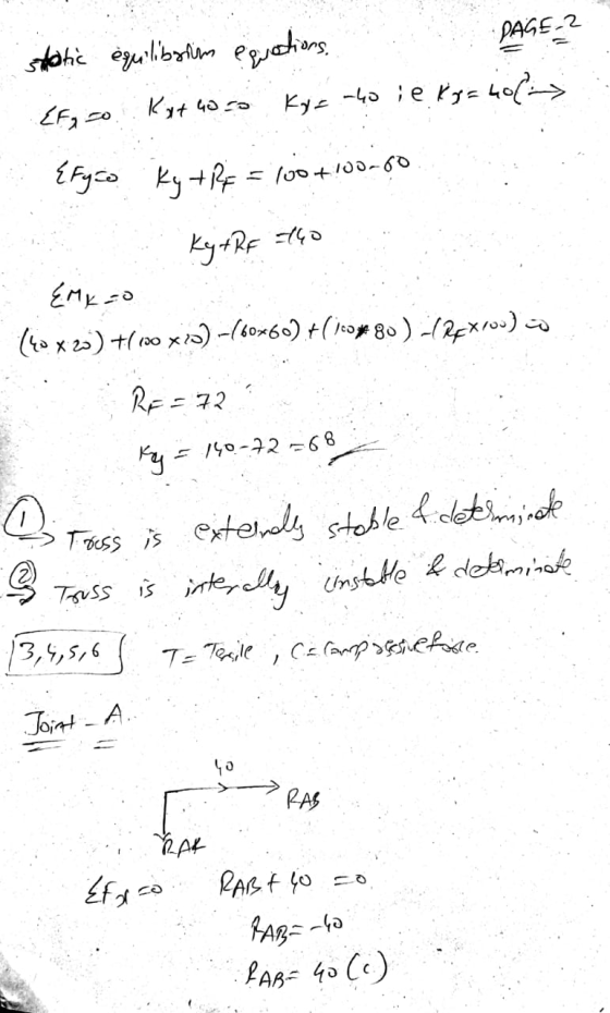 static équilibrin equations. • PAGE 2 {F 20 Katoro Ky=40 ie Ky=hol {fyzo Ky +P = 100+100-60 KytRf the EMK 20 140 x 20)+(220x7