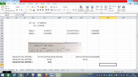 DERIVATIVES BINOMIAL - Microsoft Excel (Product Activation Failed) View Add-Ins File Home Insert Page Layout Formulas Data Re