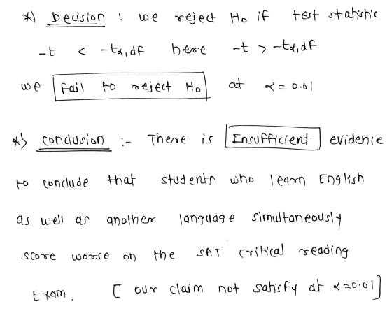 * Decision ! we reject Ho if test statistic -t < -ta, da here -t > -ta, df we fail to reject Ho at R=0.01 *S conclusion There