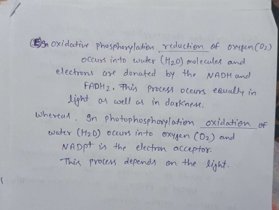 En oxidative phosphorylation reduction of Oxygen (02) occurs into water (H2O) molecules and electrons are donated by the NADH