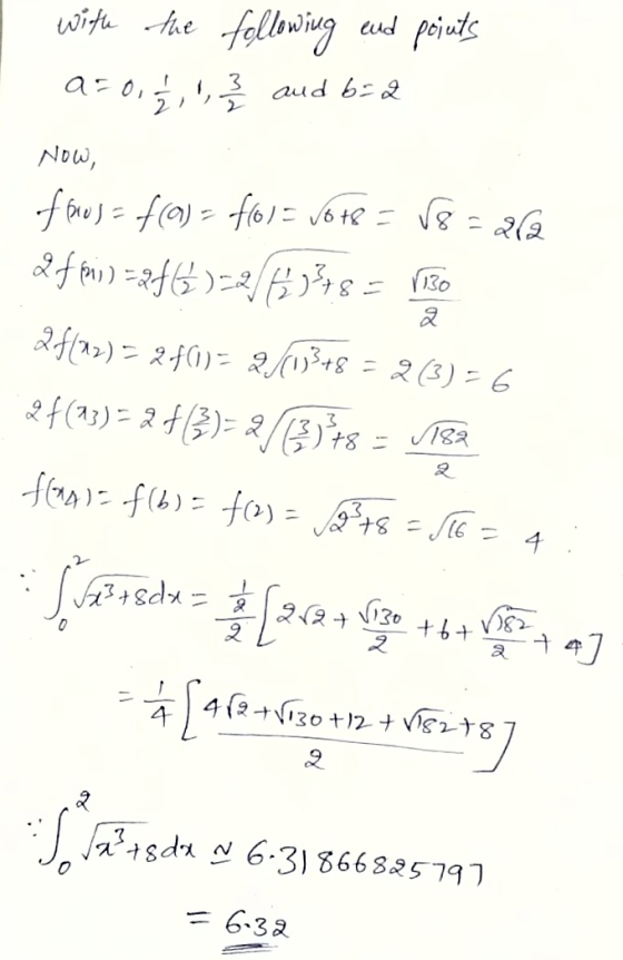 with the following and points a = 0, 1, 1, 3 and 6=2 Now, 2 fous = f(0) = fo.5 Vote = V8=262 & f 6) =2f6932/64)318 = Vigo 2 f