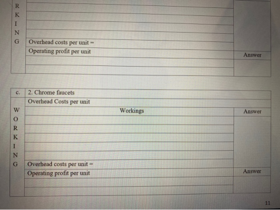 R K N G Overhead costs per unit Operating profit per unit Answer c. 2. Chrome faucets Overhead Costs per unit W Workings Answ