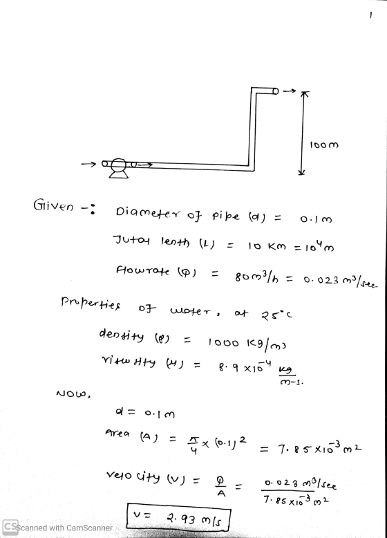 T 100 m qua Given -: Diameter of pipe (d) = om Jutay lenth (2) To km = 10 = 104m Howrate (0) - 80m3/n = 0.023 m3/see properti