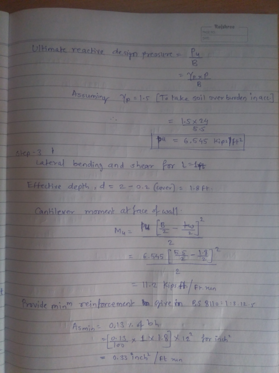 Raishree PAGE NO ssuniny p -1.s ITo take soil over burden in ac = 1-S 24 Lateral bendins and shear Por L-1ft Canilexer mament