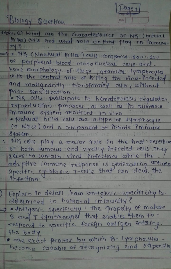 Page 1 Biology Question Date tions. 6 What are the charaderistics kinee) cells and cohal role do they of NK (hatwal play in i
