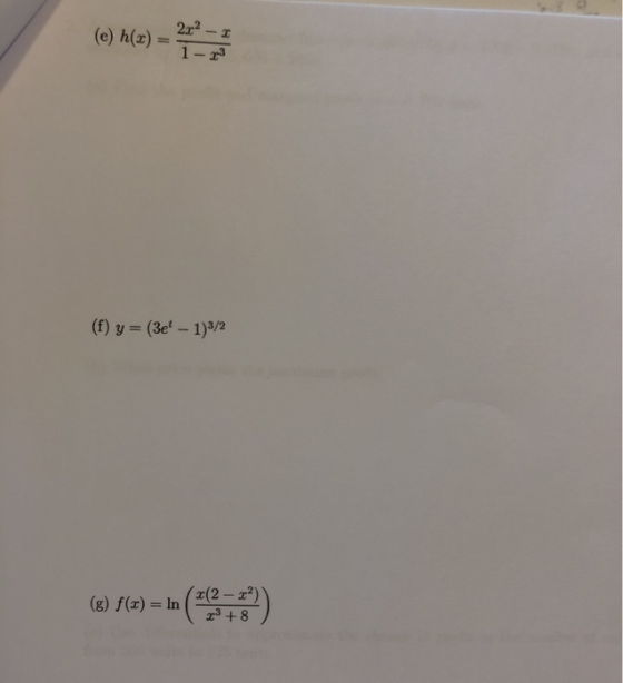 2002 - 2 (e) h(x) 1-23 (f) y = (3e - 1)3/2 (8) f(x) = In (x(2 – 2²) 3 + 8