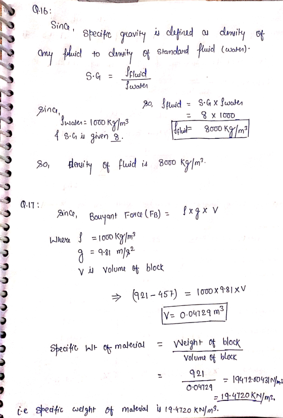 0-16: Since, specific gravity is defined as density of to fluid any density of Standard fluid (water). Scluid S.G - 3 waren 8