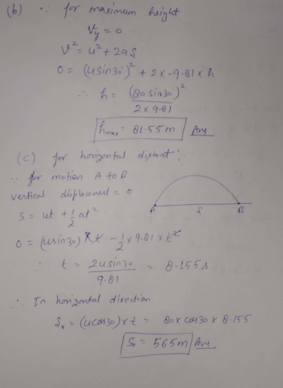 (6) for maximum height v² = u²+295 O= (usin 30 )² + 2X-9.811 h h = (do sin 30) ² 2x 9.8) Ihmax 81.55m / Any (c) for horizon