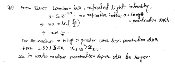(14 from Beer Lambert law, refracted light intensity - I- Io e-na, na refractive index, a= length nx = ln ( 1 ) - penetration