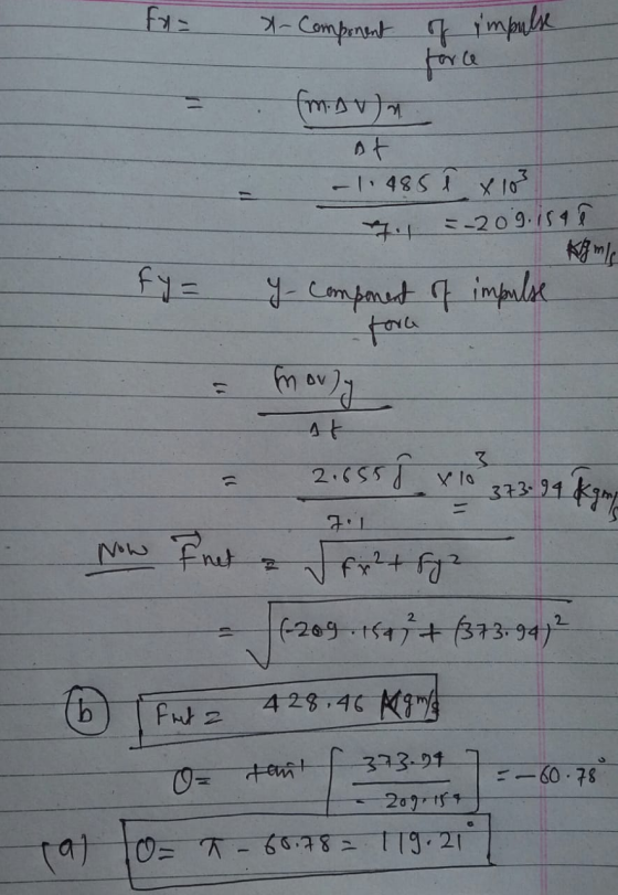 Fr= x-Component of impulse (mova at -1.485 ? x 103 =-20 g. is a fy= y component of impulse fora mov) 11 at 3 2,655 J x 10 373